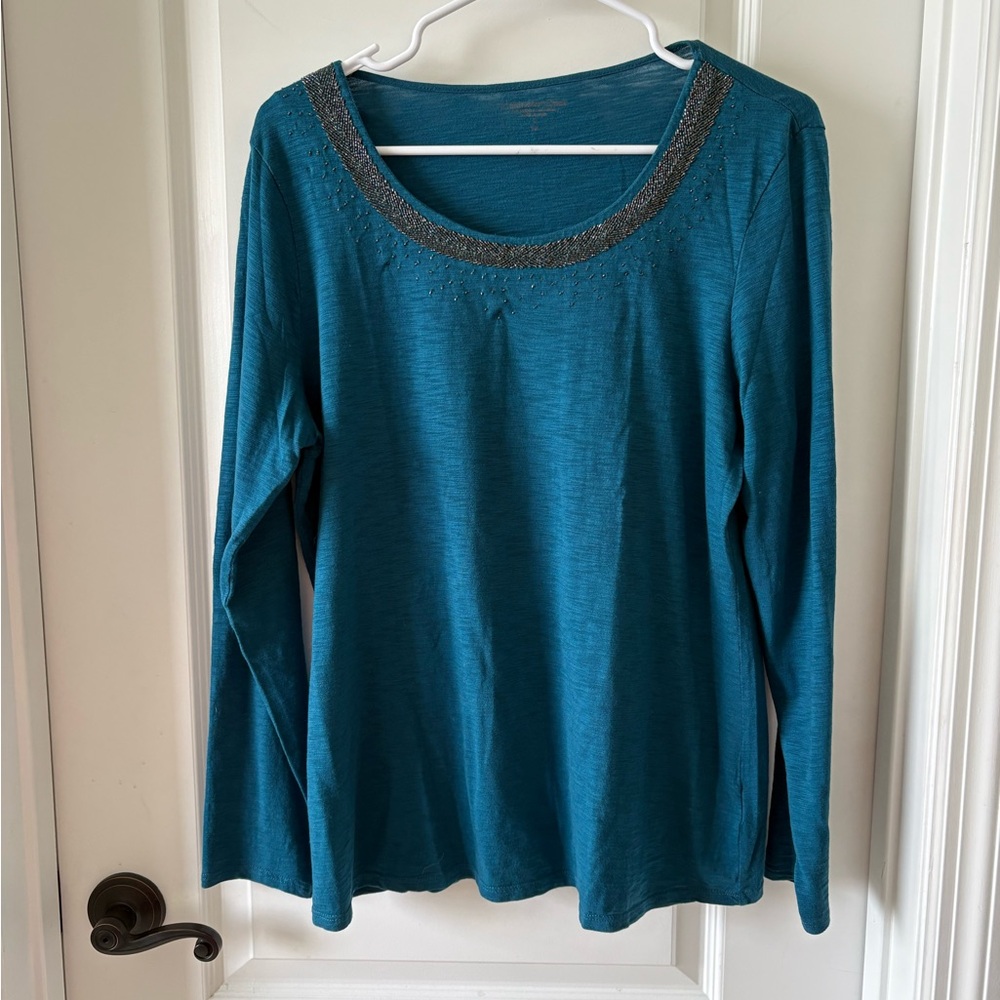 Coldwater Creek Teal Long Sleeve Top with Embellished Neckline